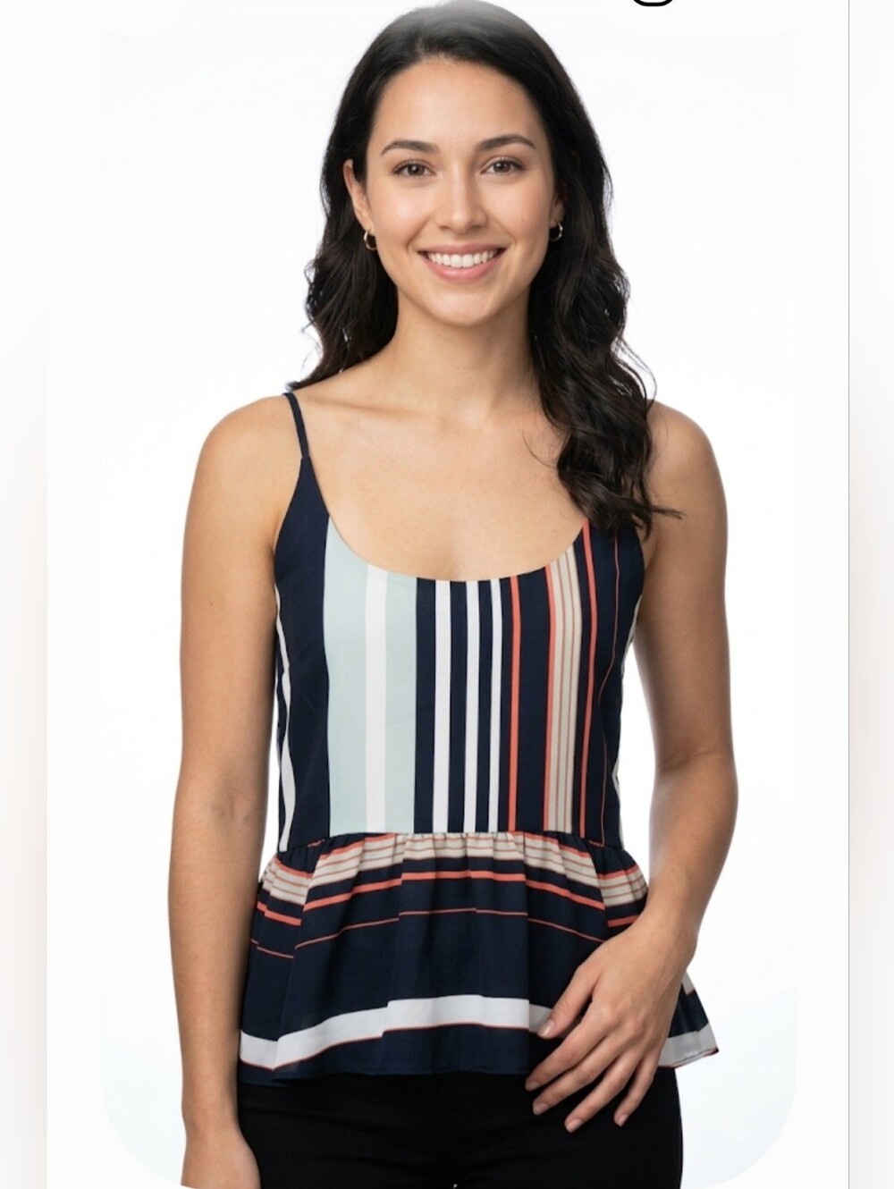 Rebecca Minkoff Navy Multicolor Striped Peplum Camisole, Size S.